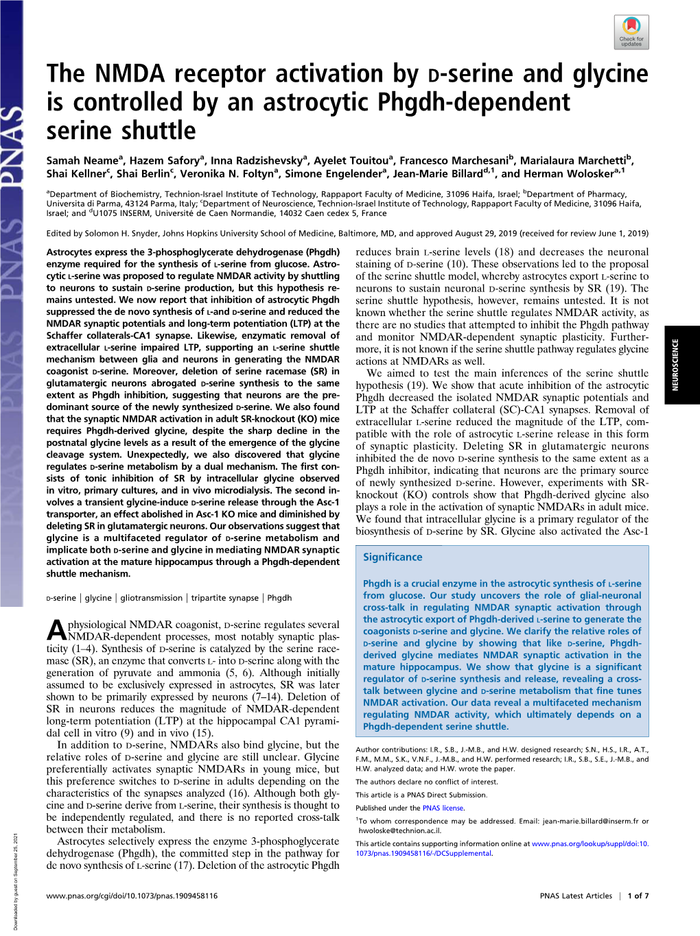 The NMDA Receptor Activation by D-Serine and Glycine Is Controlled by an Astrocytic Phgdh-Dependent Serine Shuttle