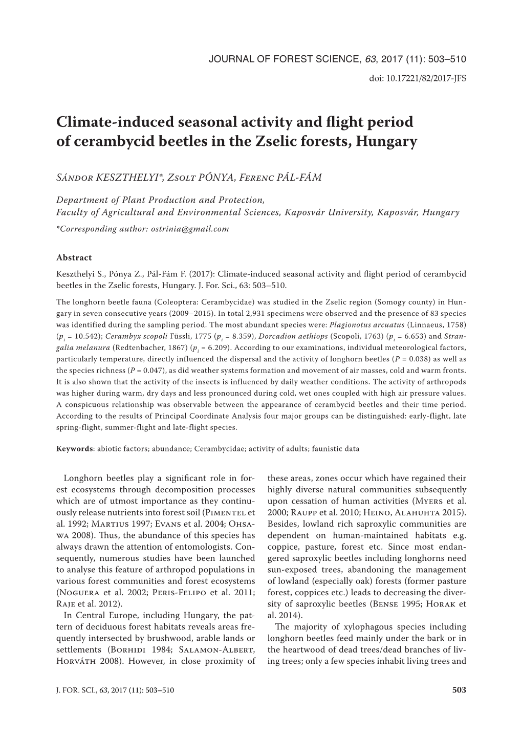 Climate-Induced Seasonal Activity and Flight Period of Cerambycid Beetles in the Zselic Forests, Hungary