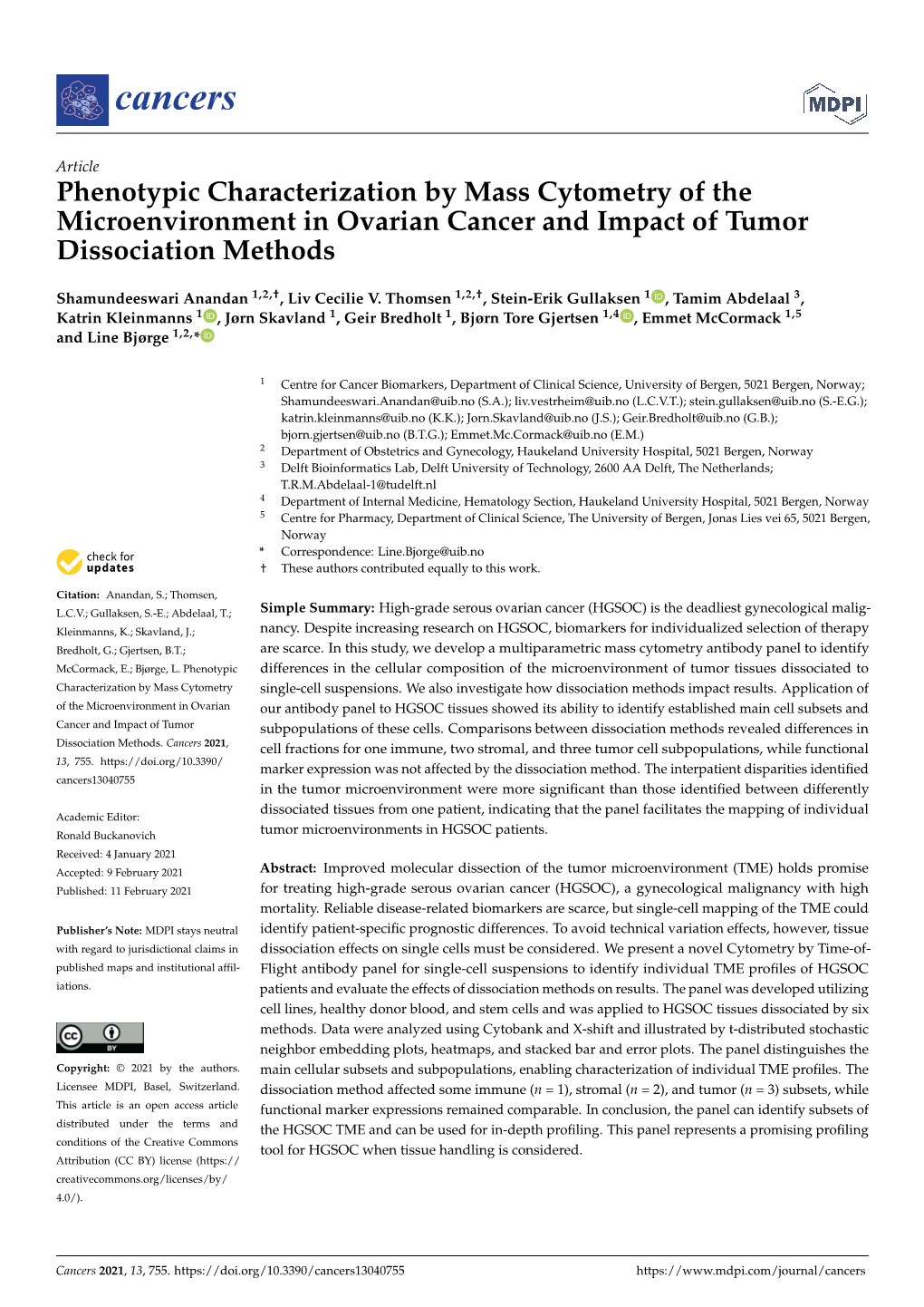 Phenotypic Characterization by Mass Cytometry of the Microenvironment in Ovarian Cancer and Impact of Tumor Dissociation Methods