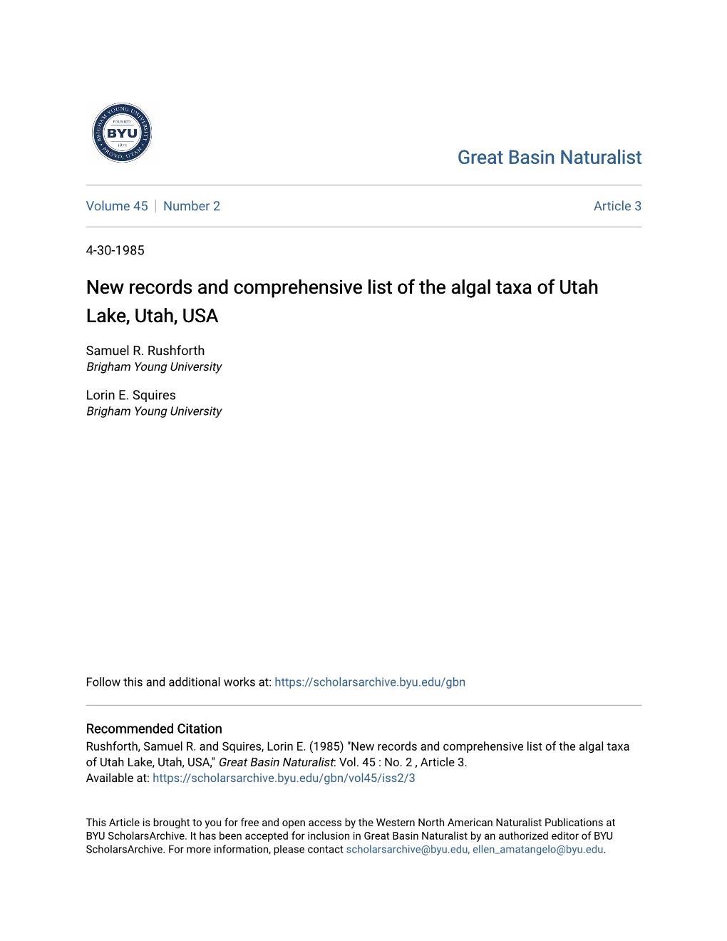 New Records and Comprehensive List of the Algal Taxa of Utah Lake, Utah, USA