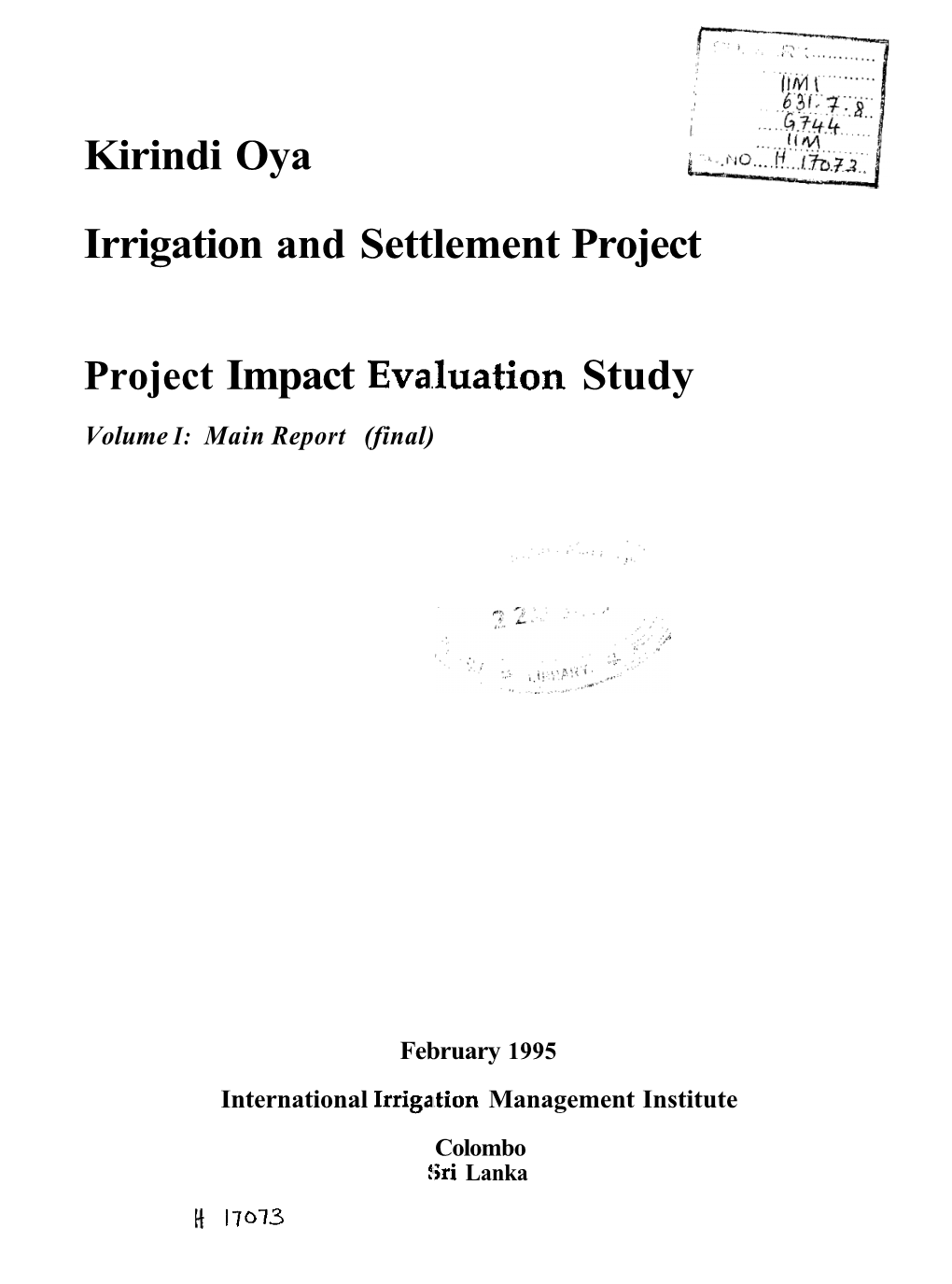 Kirindi Oya Irrigation and Settlement Project Project Impact Evalluation