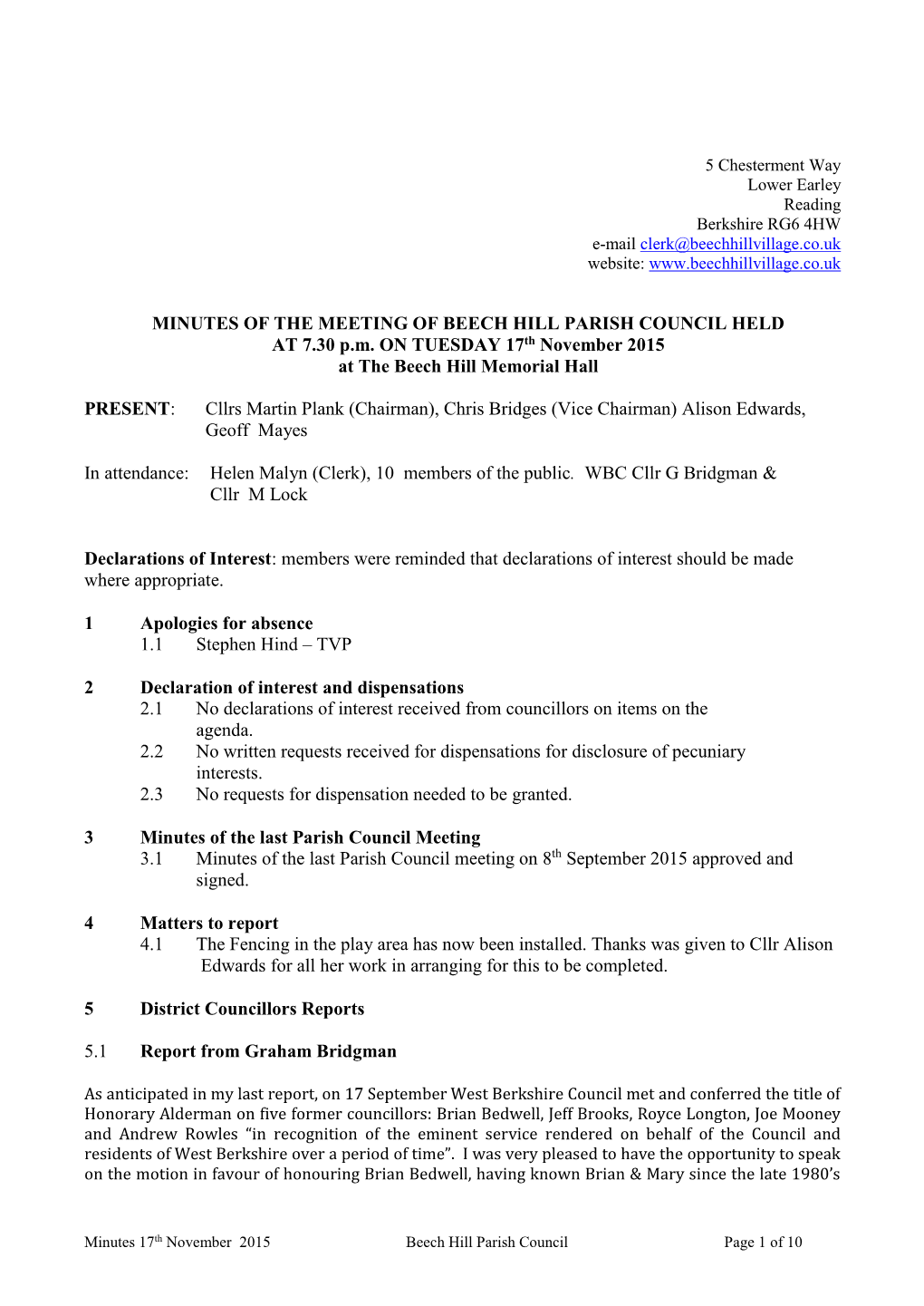 MINUTES of the MEETING of BEECH HILL PARISH COUNCIL HELD at 7.30 P.M