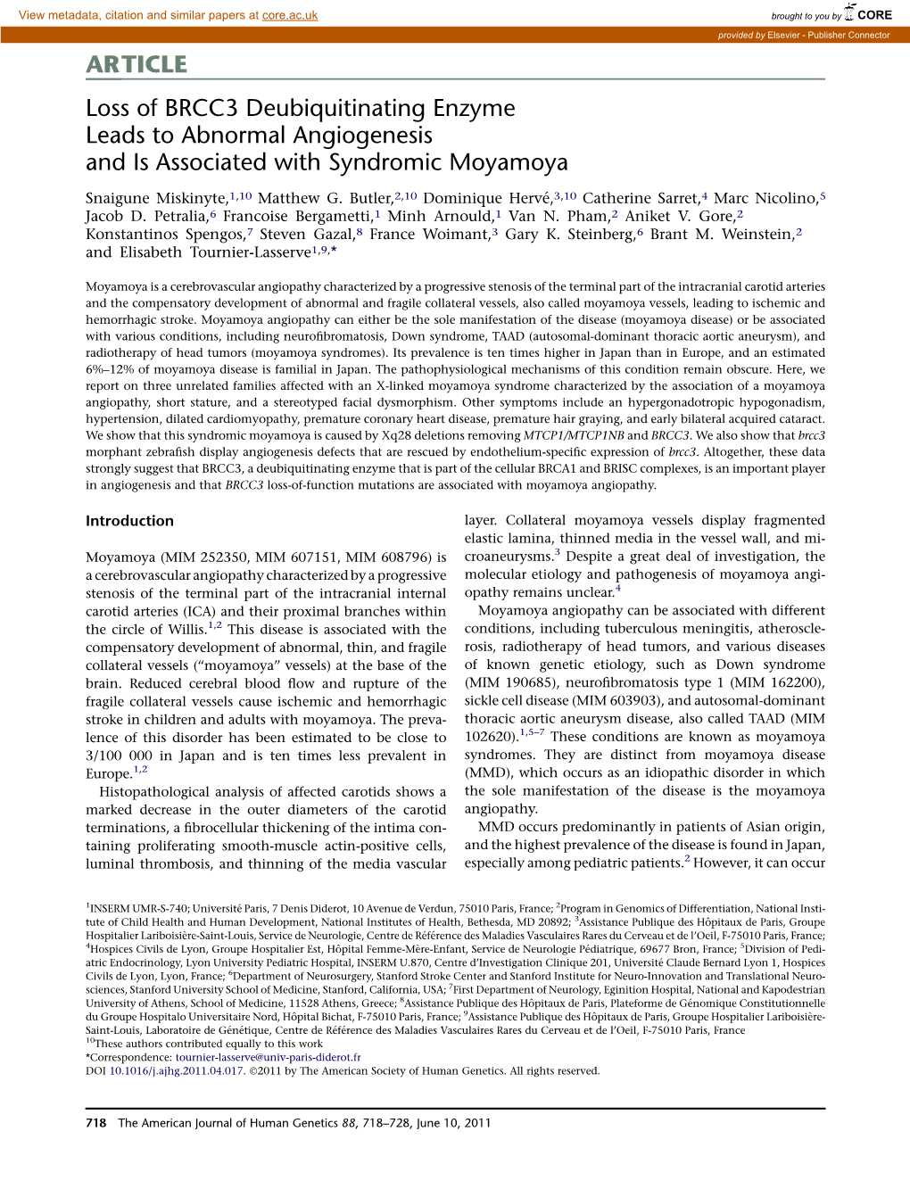 Loss of BRCC3 Deubiquitinating Enzyme Leads to Abnormal Angiogenesis and Is Associated with Syndromic Moyamoya