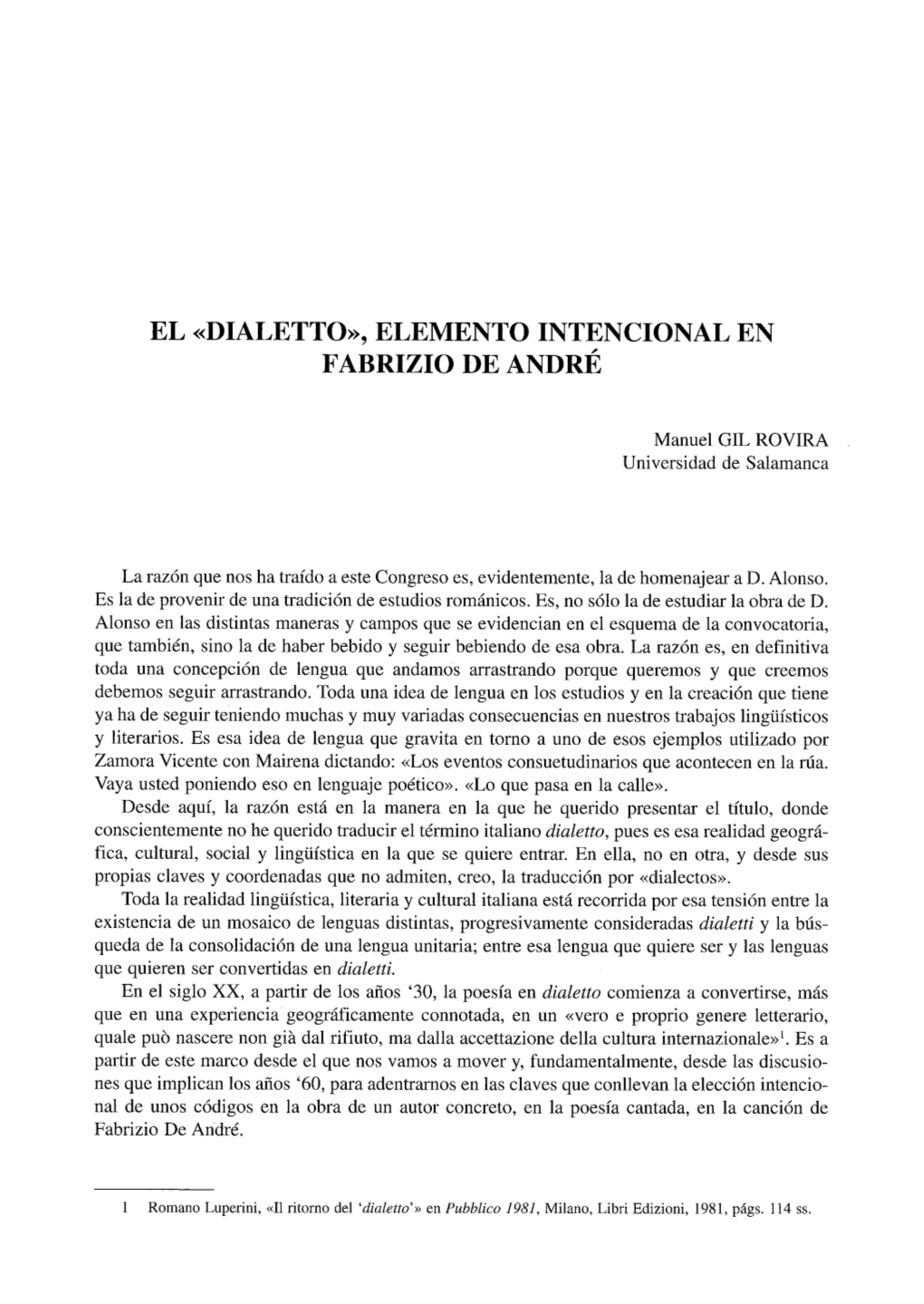 El "Dialetto", Elemento Intencional En Fabrizio De André / Manuel Gil Rovira