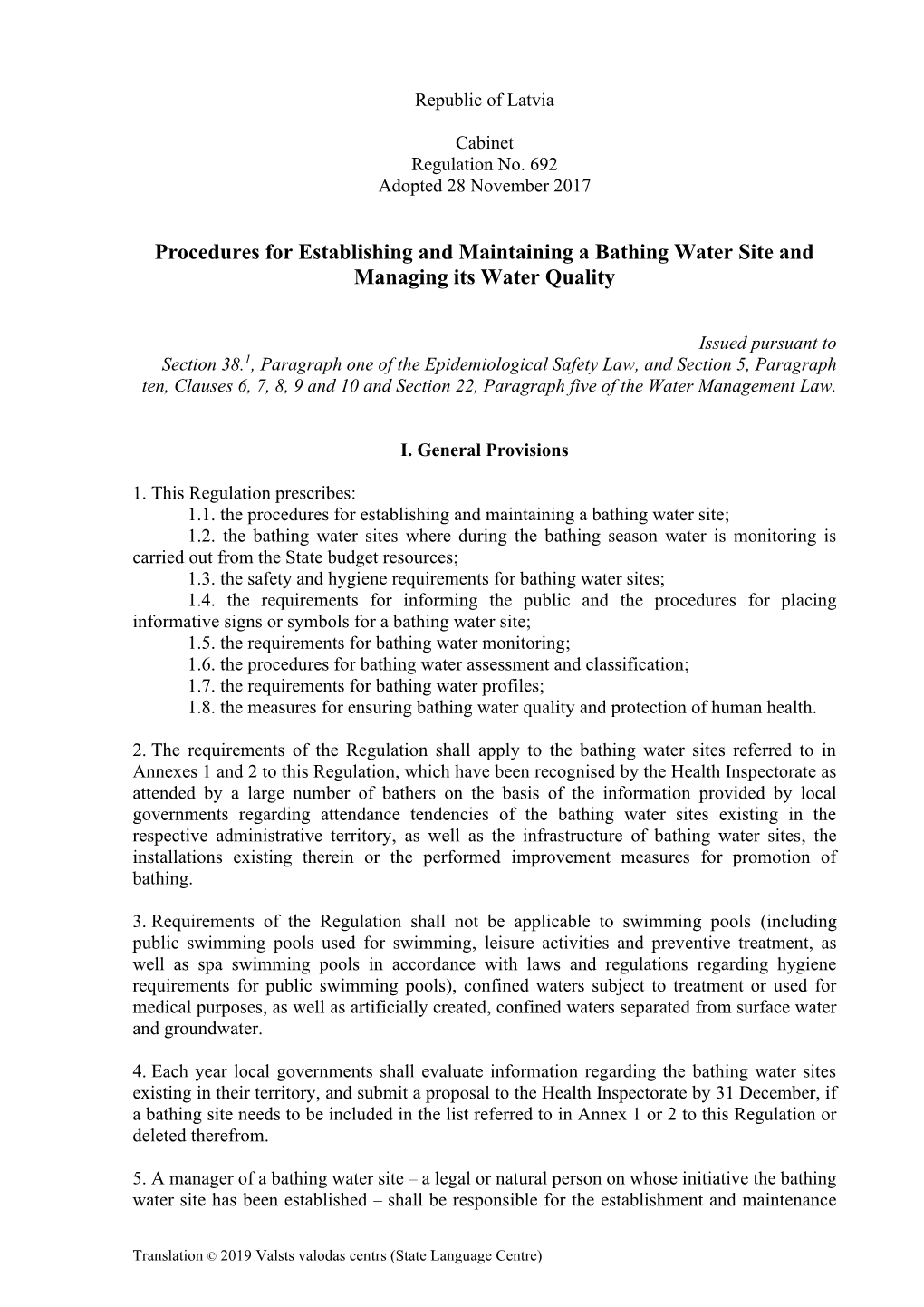 Procedures for Establishing and Maintaining a Bathing Water Site and Managing Its Water Quality