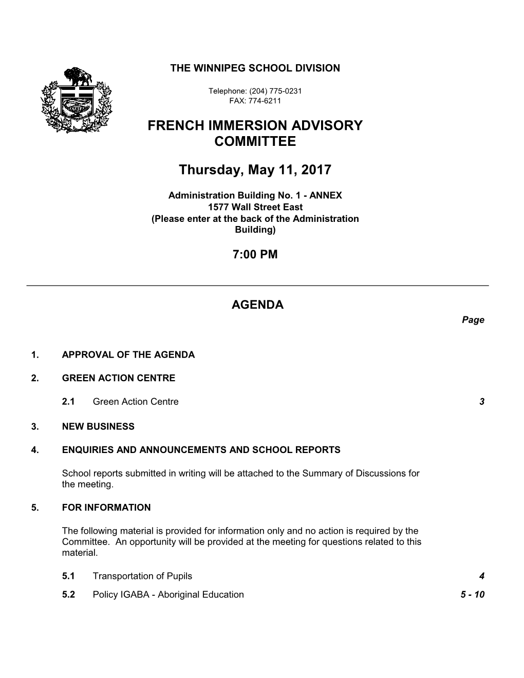 FRENCH IMMERSION ADVISORY Committeepage 2 of 46 May 11, 2017 AGENDA