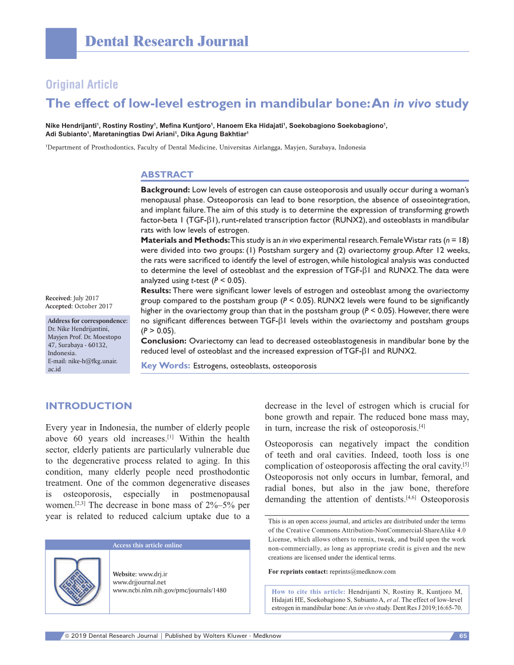 The Effect of Low‑Level Estrogen in Mandibular Bone: an in Vivo Study