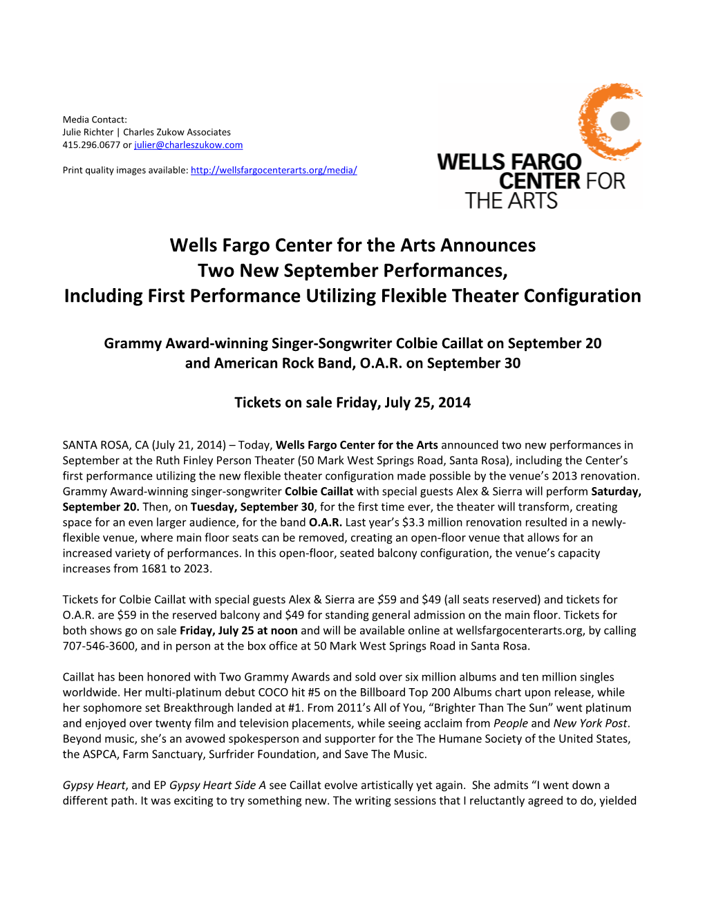 Wells Fargo Center for the Arts Announces Two New September Performances, Including First Performance Utilizing Flexible Theater Configuration