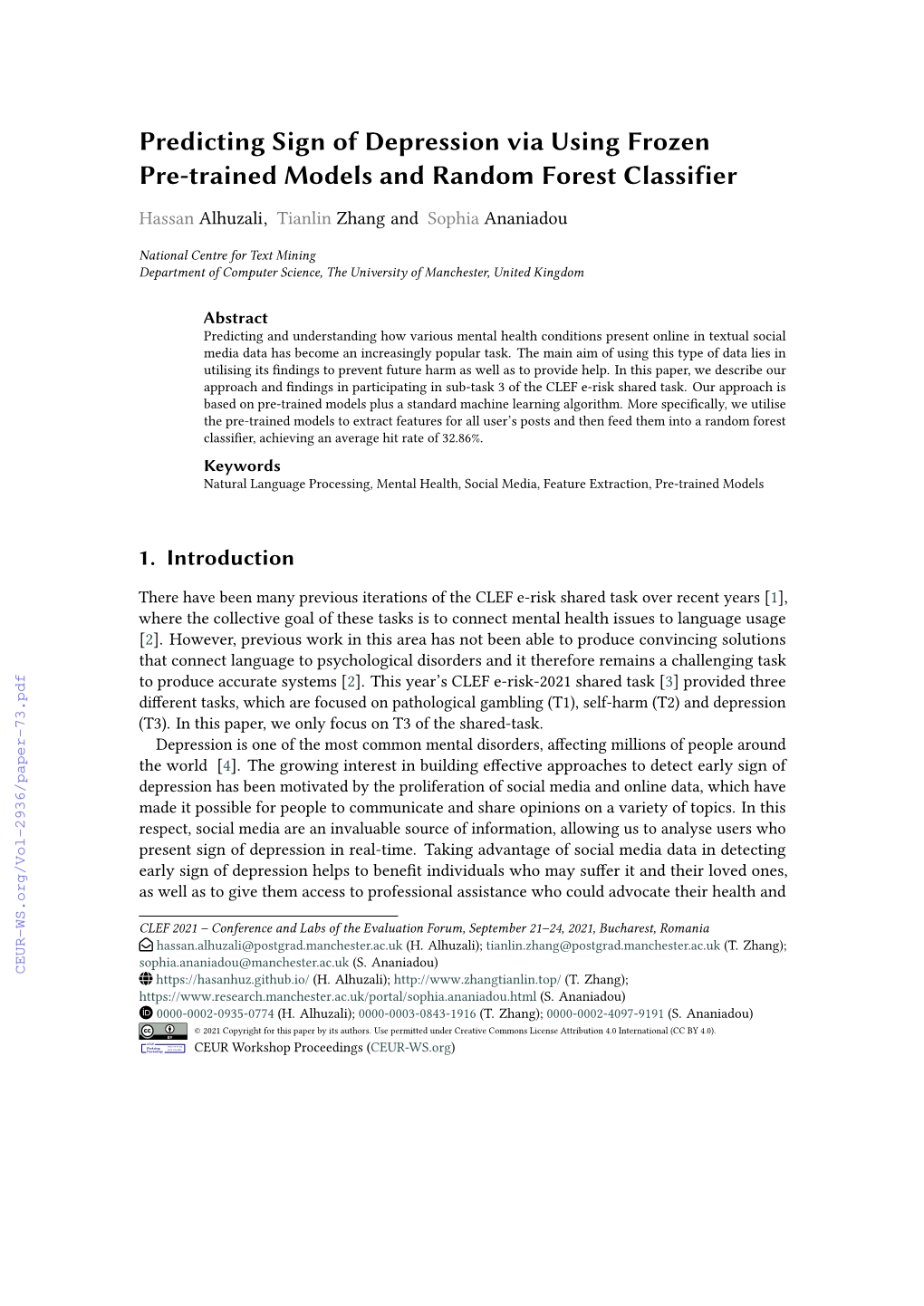 Predicting Sign of Depression Via Using Frozen Pre-Trained Models and Random Forest Classifier