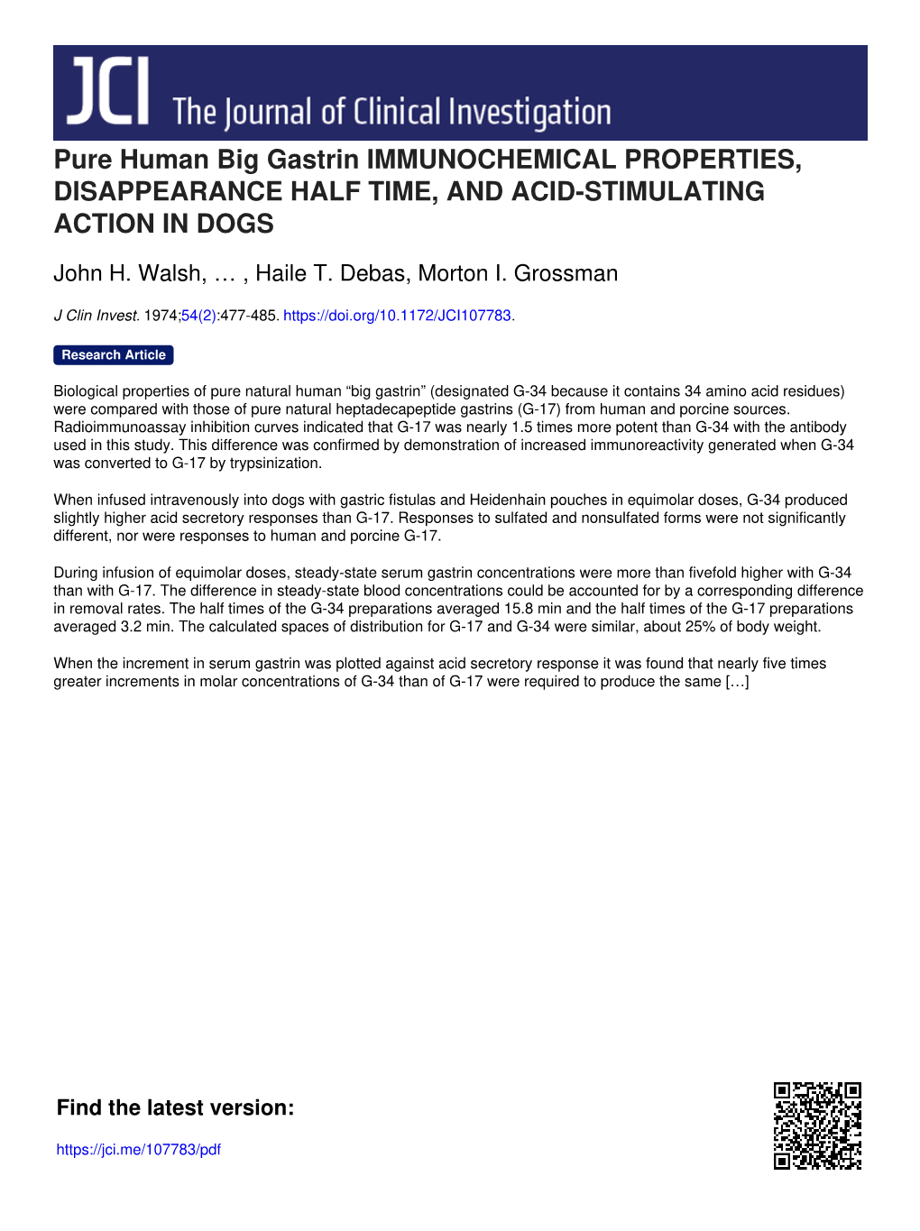 Pure Human Big Gastrin IMMUNOCHEMICAL PROPERTIES, DISAPPEARANCE HALF TIME, and ACID-STIMULATING ACTION in DOGS