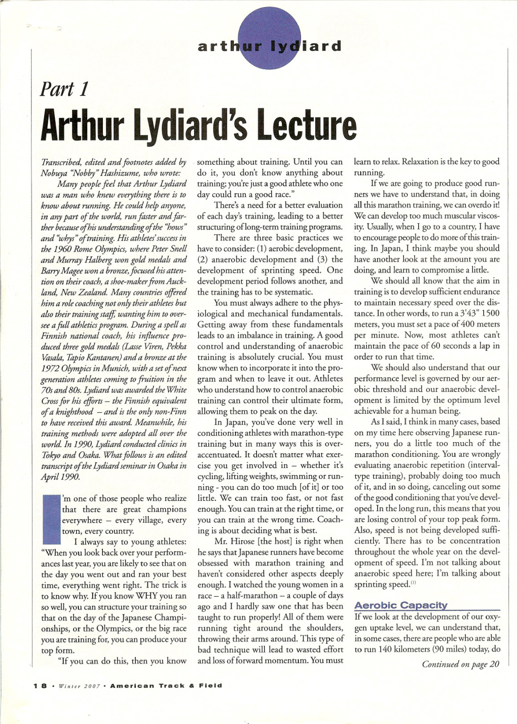 Arthur Lydiard's Lecture