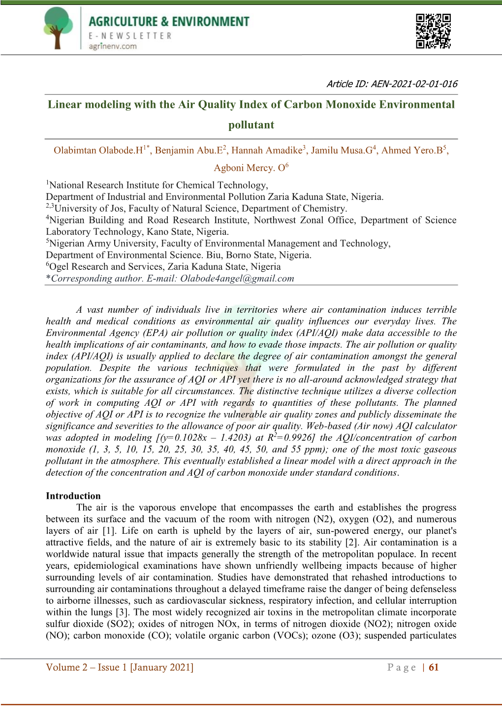 Linear Modeling with the Air Quality Index of Carbon Monoxide Environmental Pollutant