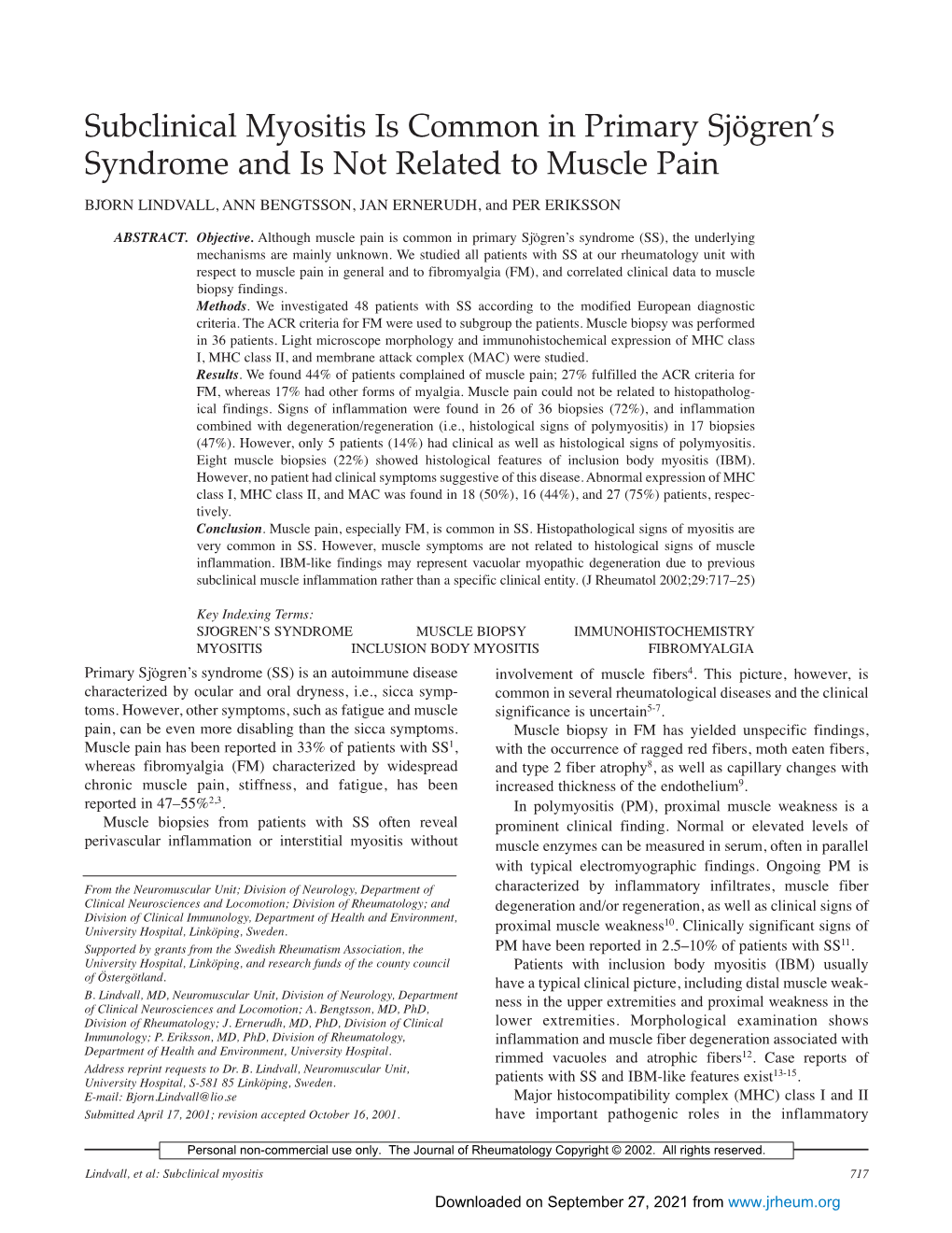 Subclinical Myositis Is Common in Primary Sjögren's Syndrome and Is