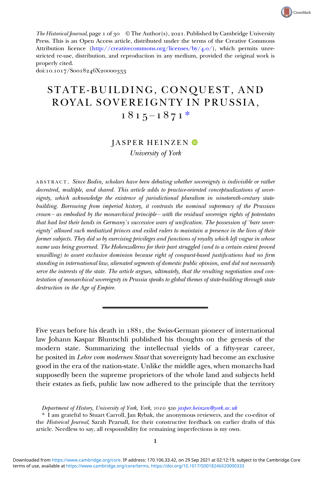 State-Building, Conquest, and Royal Sovereignty in Prussia, – *