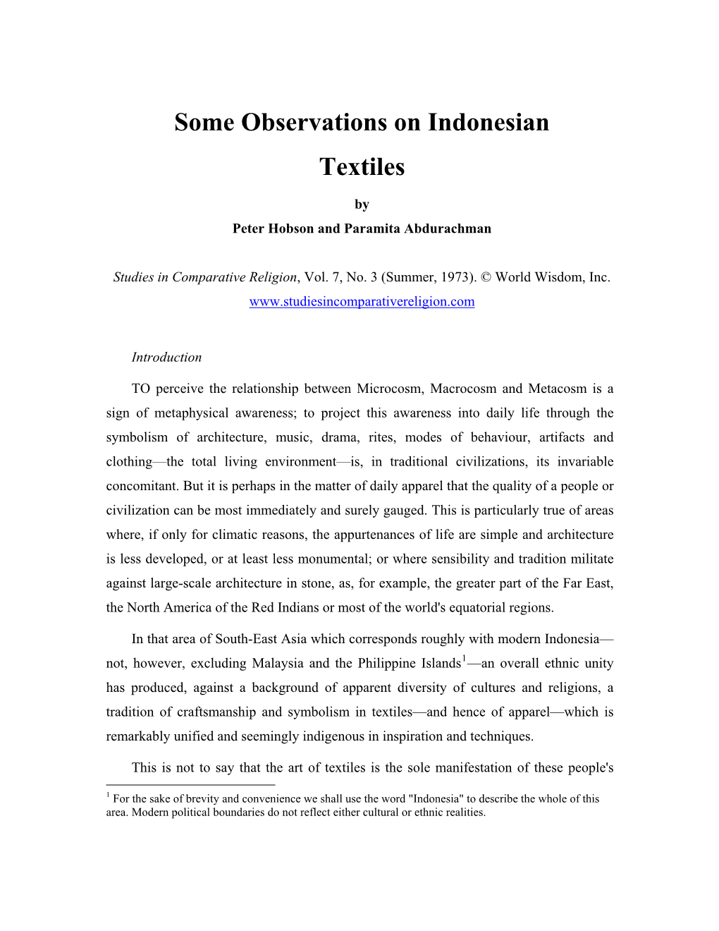 Some Observations on Indonesian Textiles