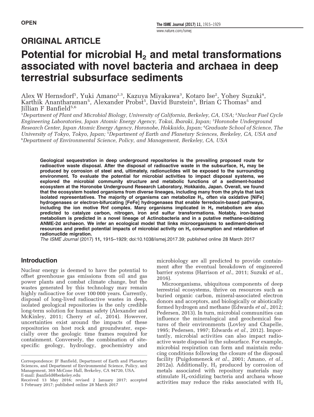 Potential for Microbial H2 and Metal Transformations Associated with Novel Bacteria and Archaea in Deep Terrestrial Subsurface Sediments