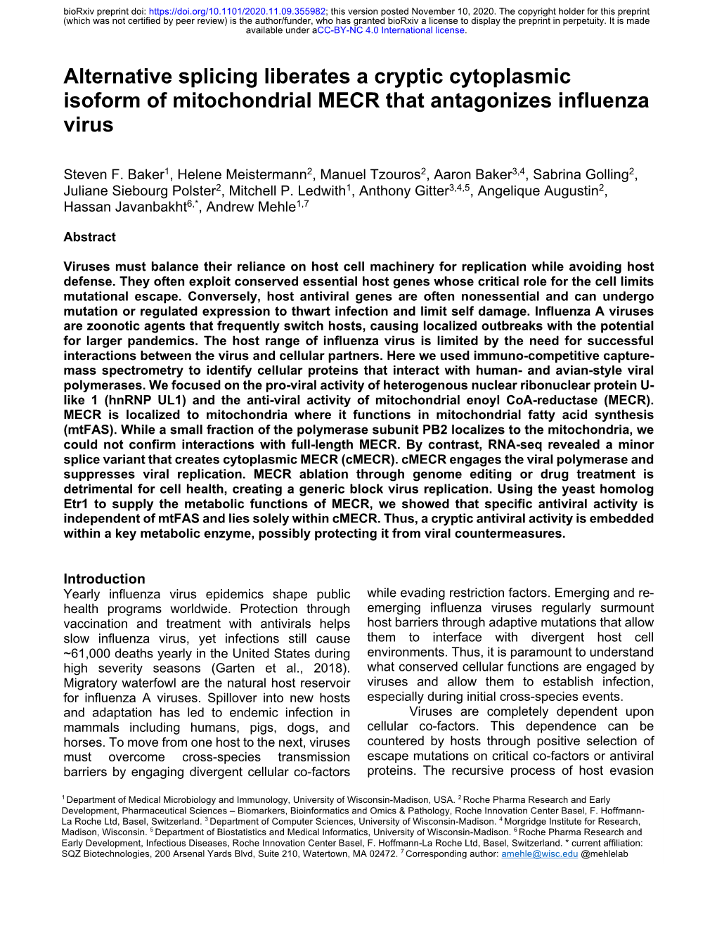 Alternative Splicing Liberates a Cryptic Cytoplasmic Isoform of Mitochondrial MECR That Antagonizes Influenza Virus