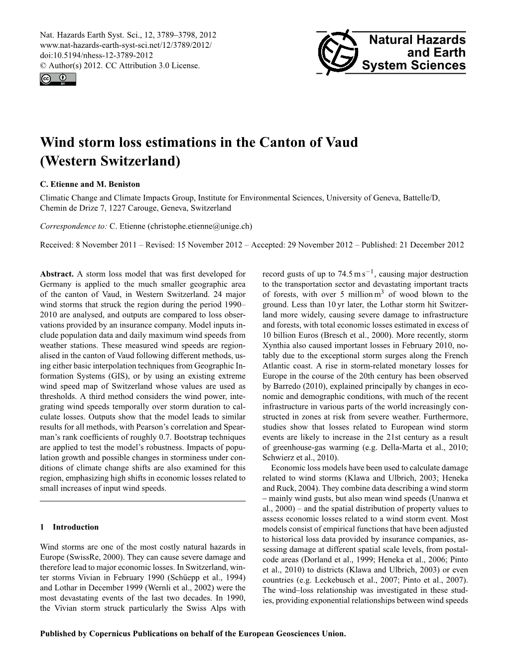 Wind Storm Loss Estimations in the Canton of Vaud (Western Switzerland)