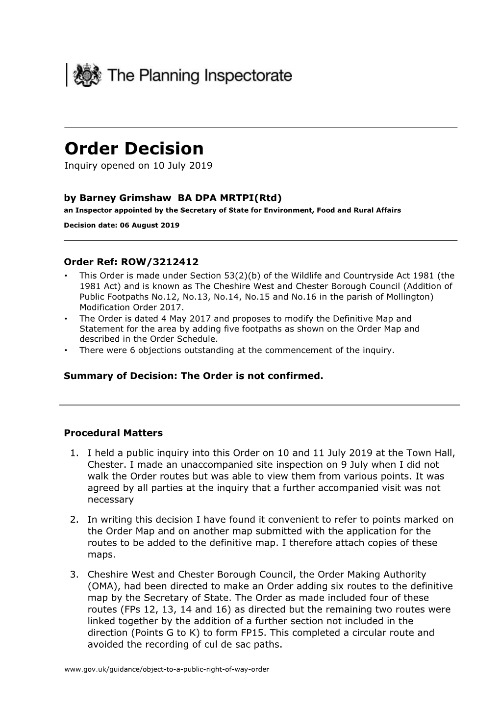 Order Decision Inquiry Opened on 10 July 2019