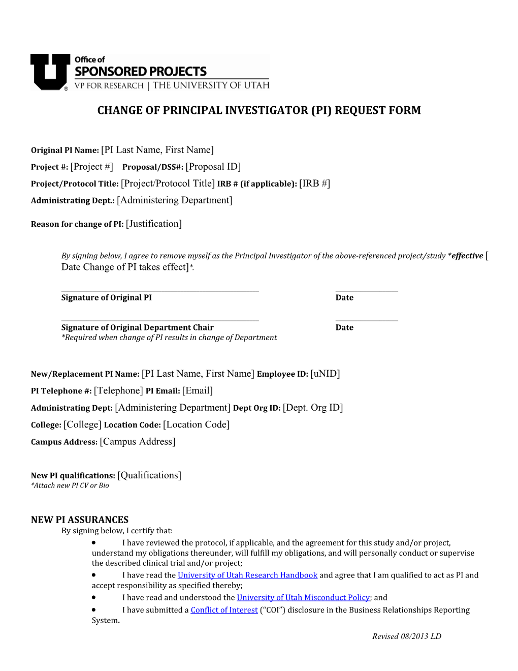 Osp Change of Principal Investigator ( Pi ) Form