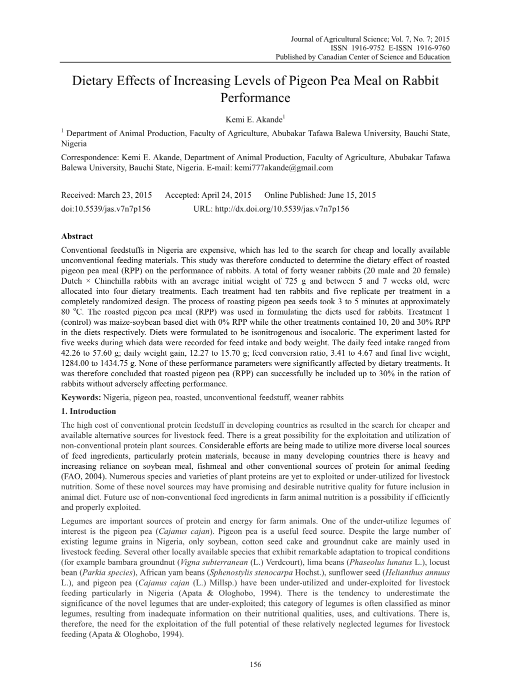 Dietary Effects of Increasing Levels of Pigeon Pea Meal on Rabbit Performance