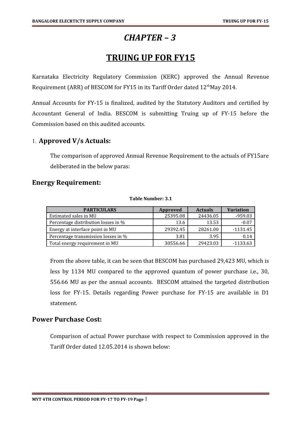 Bangalore Elecrticty Supply Company Truing up for Fy-15