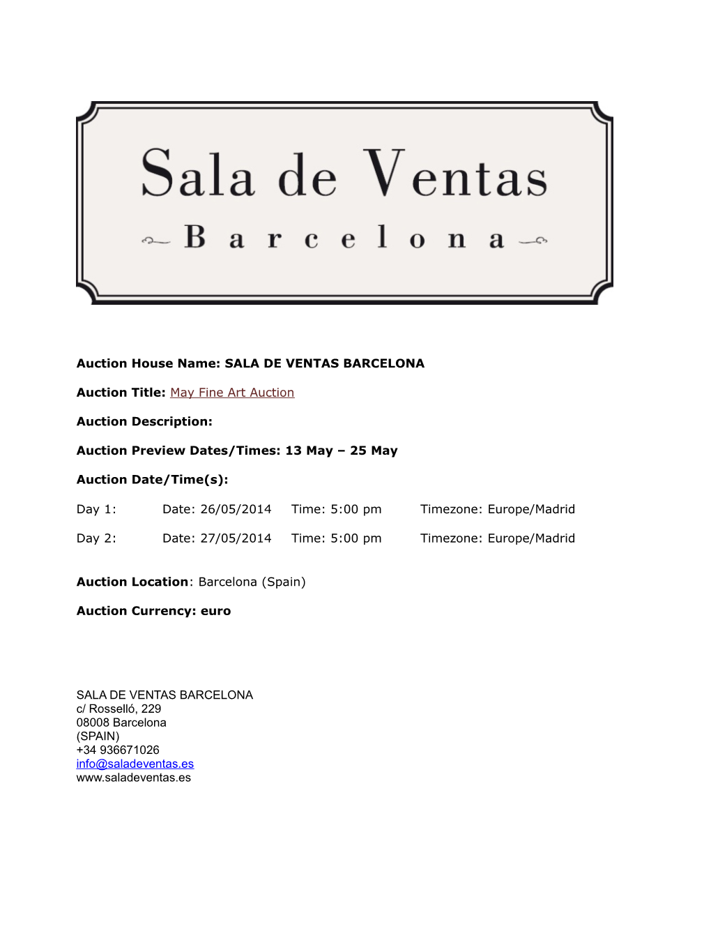 SALA DE VENTAS BARCELONA Auction Title