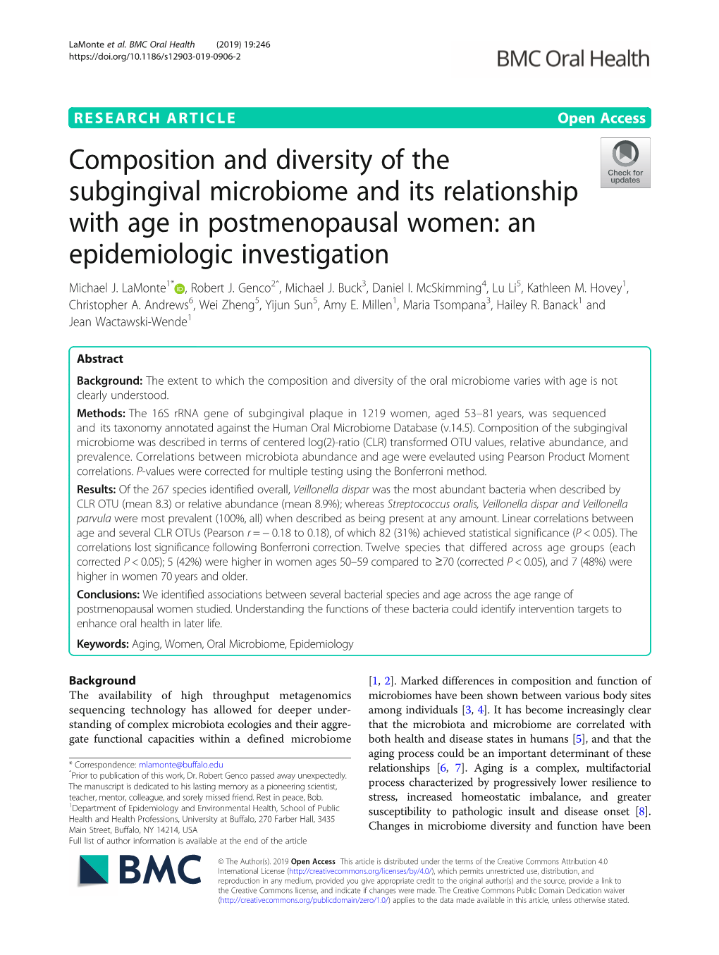 Composition and Diversity of the Subgingival Microbiome and Its Relationship with Age in Postmenopausal Women: an Epidemiologic Investigation Michael J