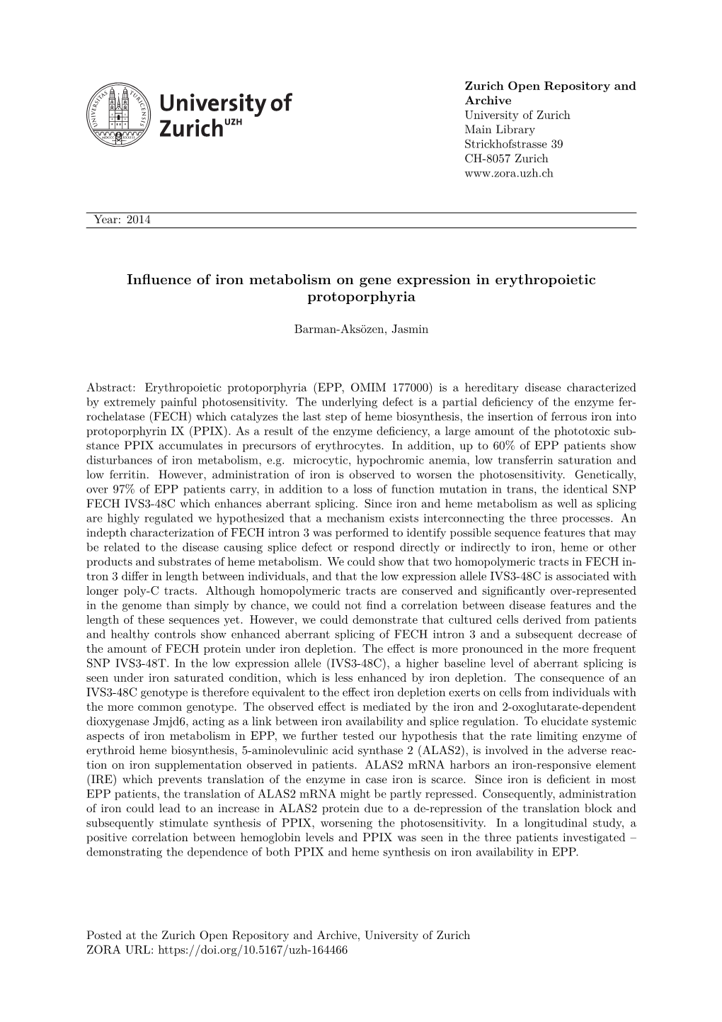 Influence of Iron Metabolism on Gene Expression in Erythropoietic Protoporphyria