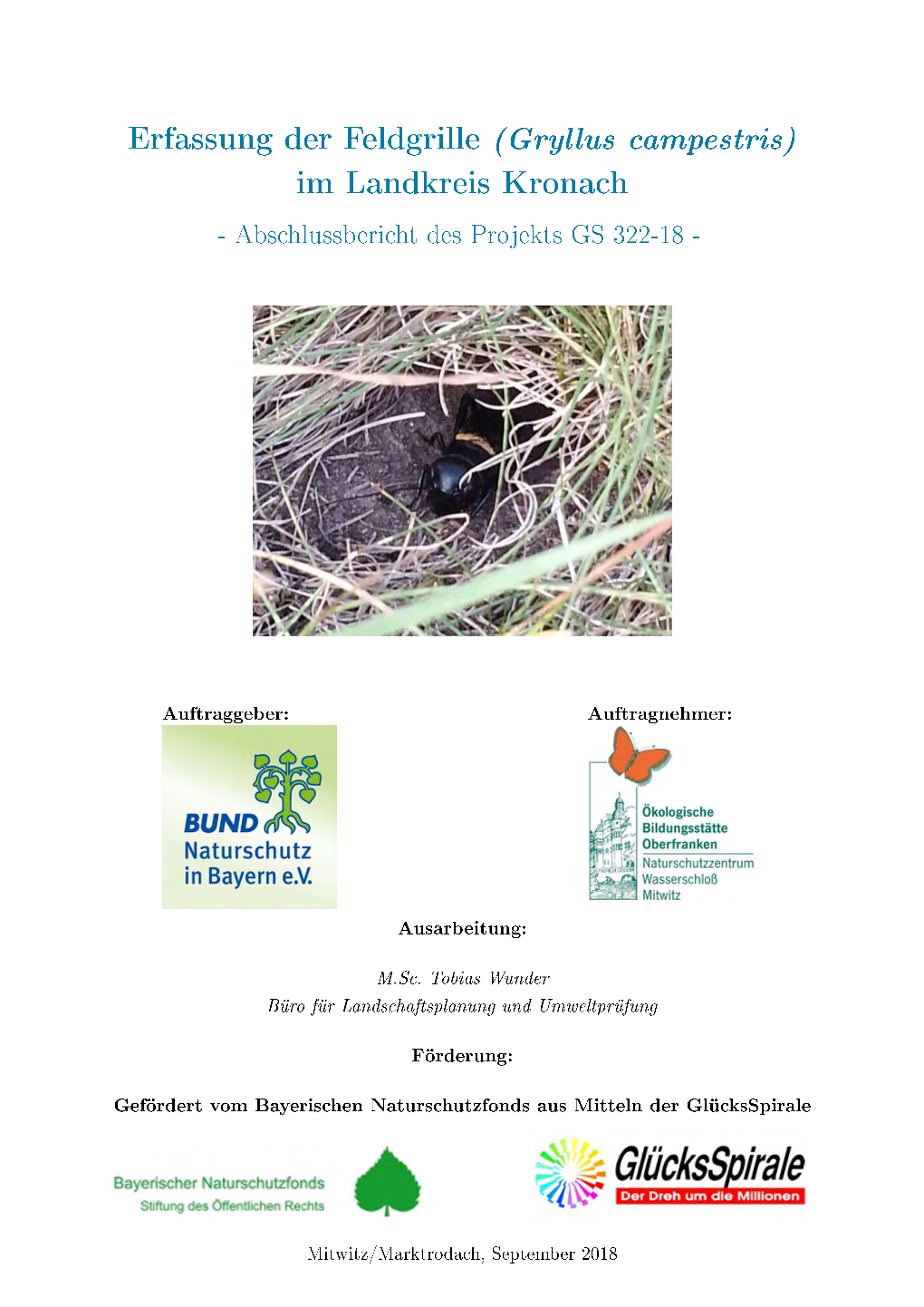Erfassung Der Feldgrille (Gryllus Campestris) Im Landkreis Kronach - Abschlussbericht Des Projekts GS 322-18