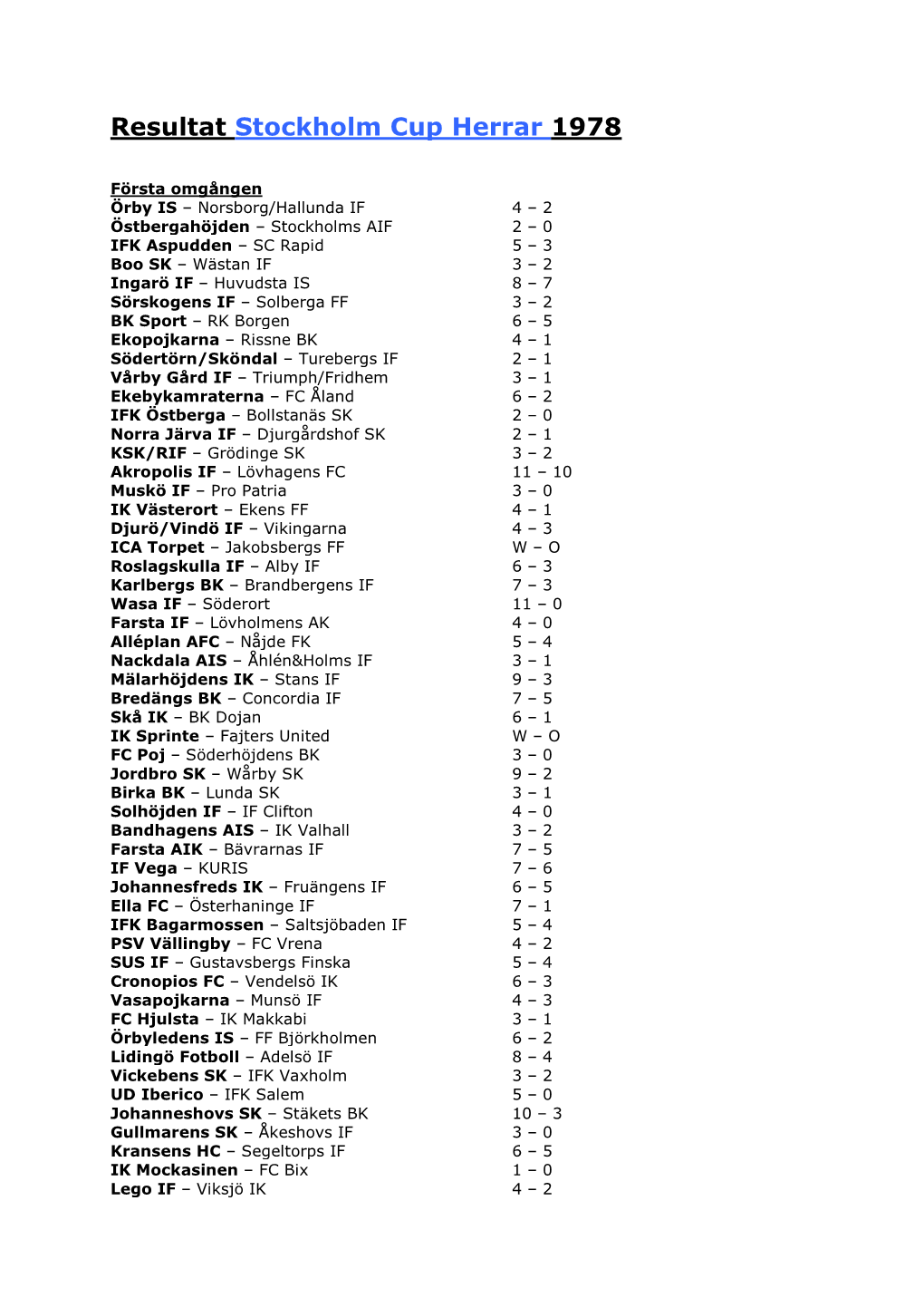 Resultat Stockholm Cup Herrar 1978