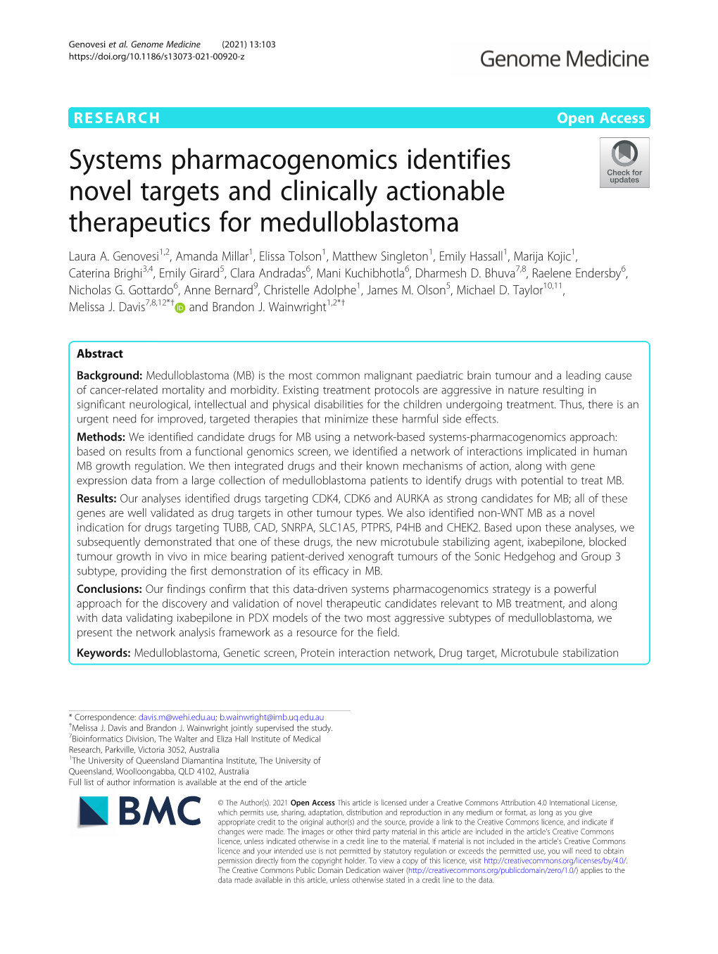 Systems Pharmacogenomics Identifies Novel Targets and Clinically Actionable Therapeutics for Medulloblastoma Laura A