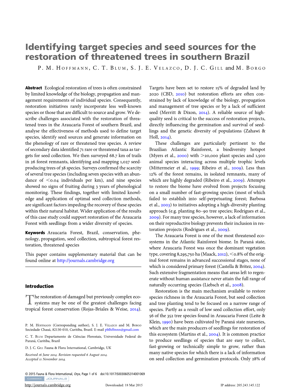 Identifying Target Species and Seed Sources for the Restoration of Threatened Trees in Southern Brazil