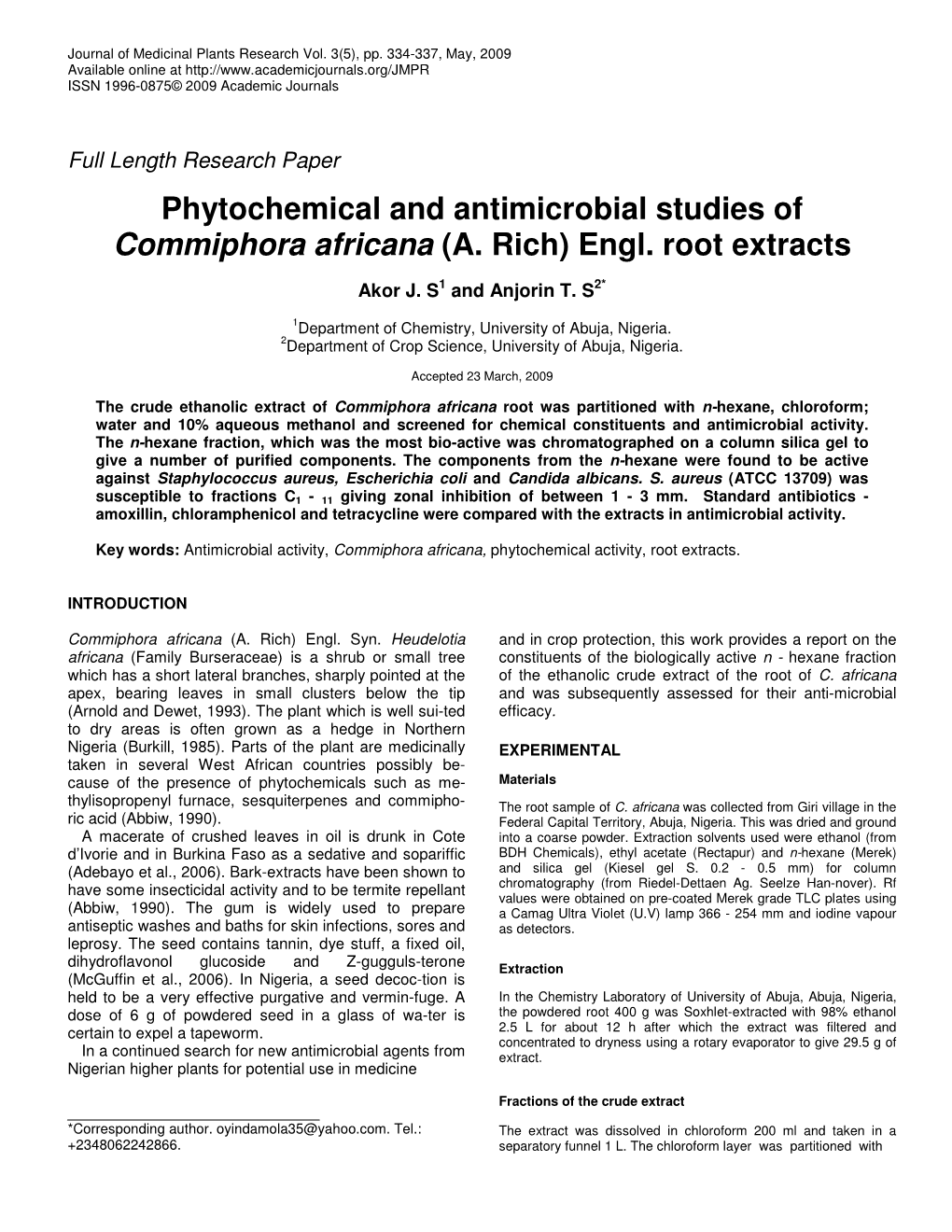 Phytochemical and Antimicrobial Studies of Commiphora Africana (A