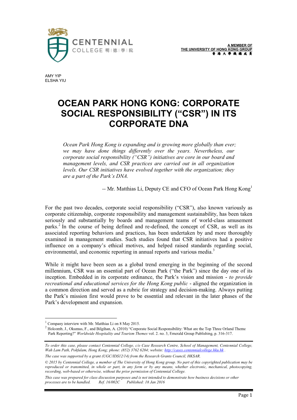 Ocean Park Hong Kong: Corporate Social Responsibility (“Csr”) in Its Corporate Dna