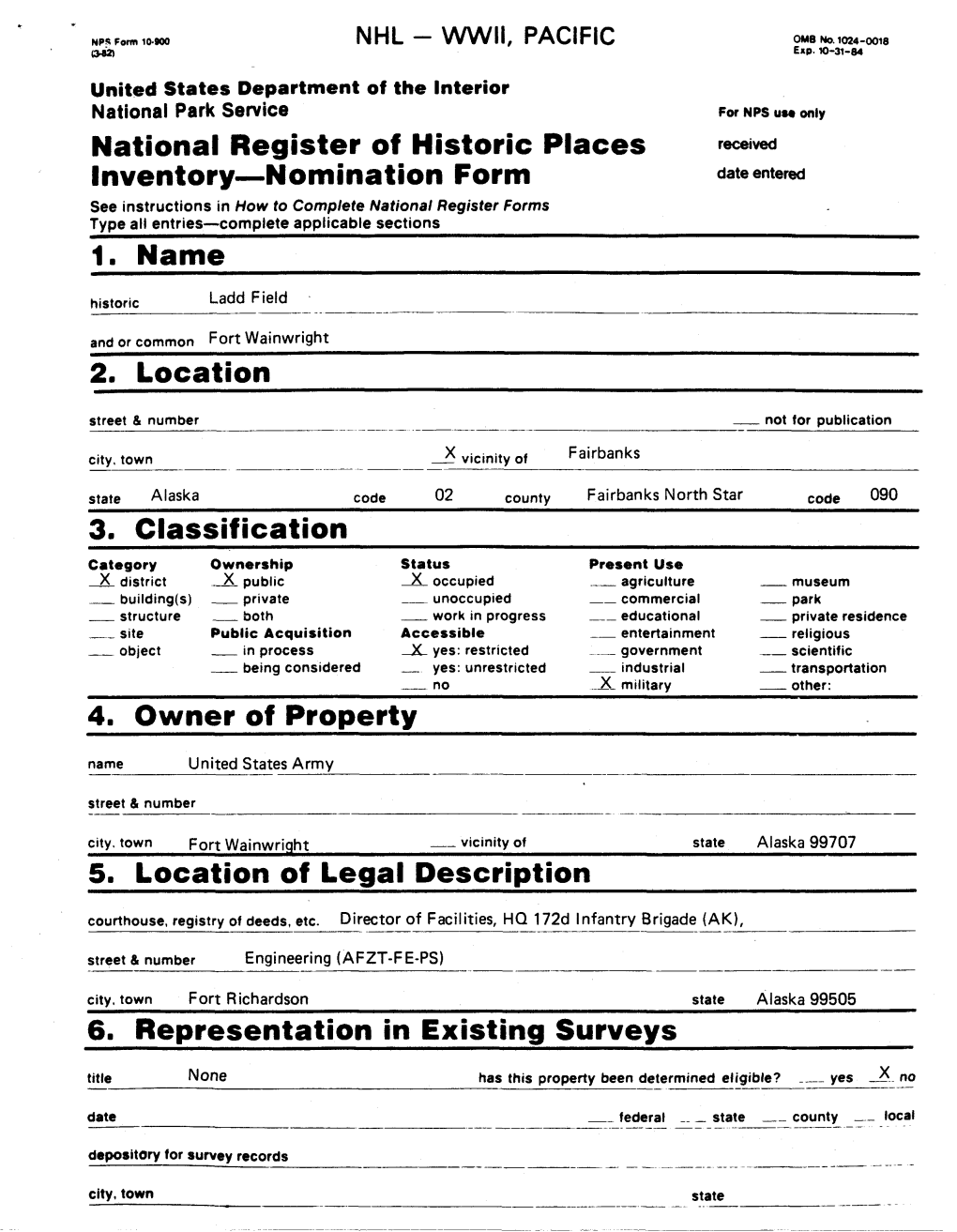 National Register of Historic Places Inventory—Nomination Form 1. Name 2. Location 4. Owner of Property 5. Location of Legal D