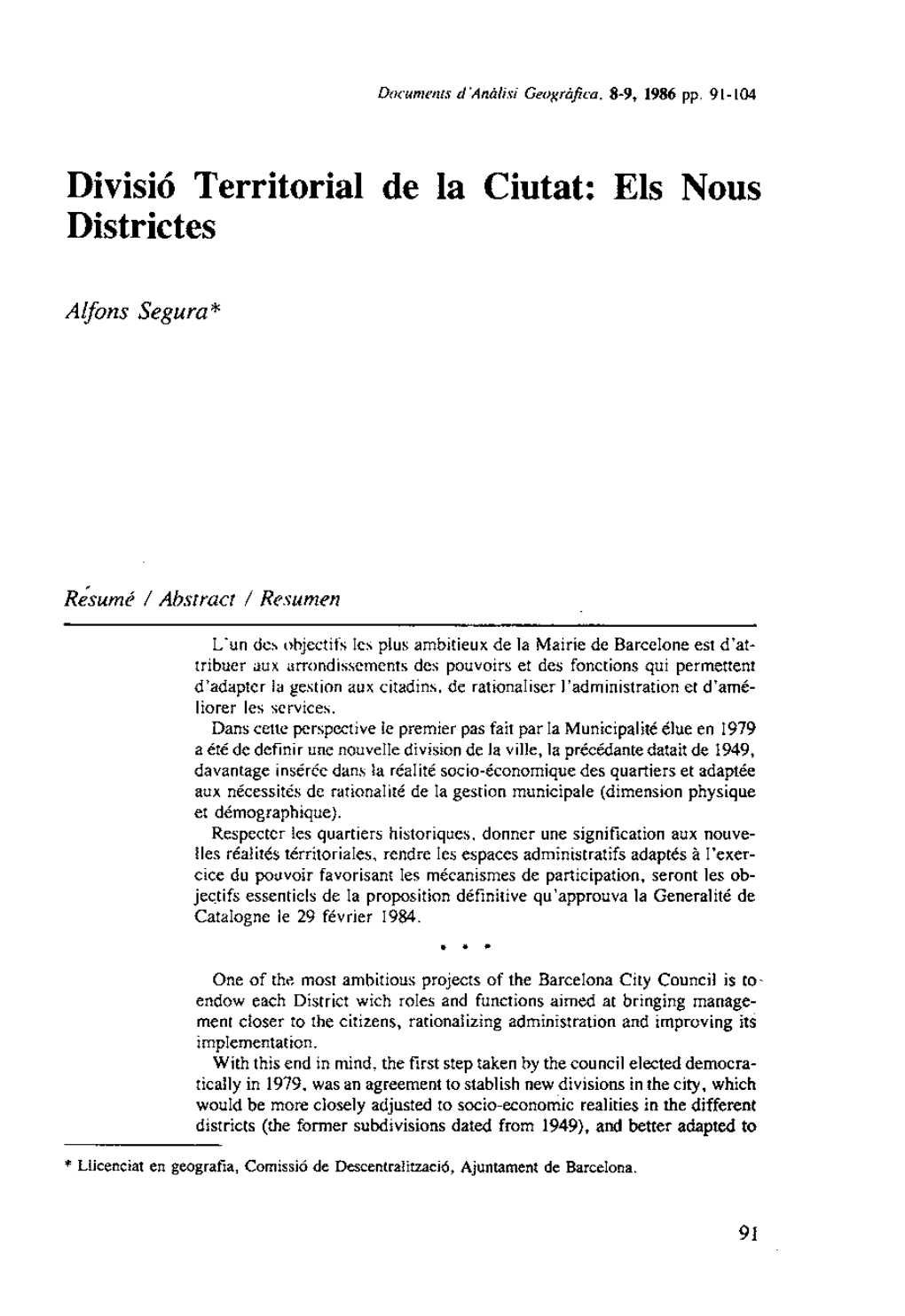 Divisió Territorial De La Ciutat: Els Nous Districtes