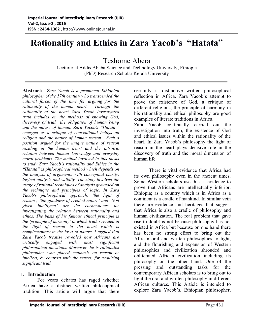Rationality and Ethics in Zara Yacob's “Hatata”