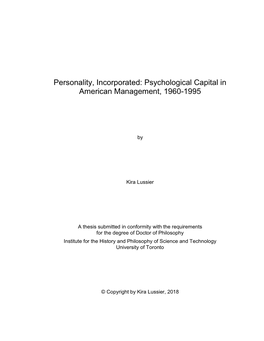 Personality, Incorporated: Psychological Capital in American Management, 1960-1995