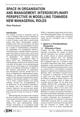 SPACE in ORGANISATION and MANAGEMENT. INTERDISCIPLINARY PERSPECTIVE in MODELLING TOWARDS NEW MANAGERIAL ROLES Piotr Pachura