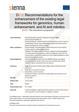 Recommendations for the Enhancement of the Existing Legal Frameworks for Genomics, Human Enhancement, and AI and Robotics [WP5 – the Consortium’S Proposals]