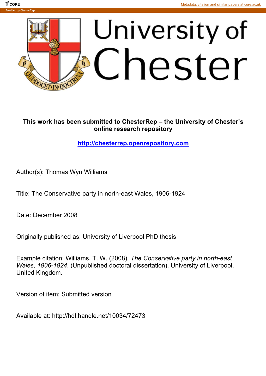 This Work Has Been Submitted to Chesterrep – the University of Chester’S Online Research Repository