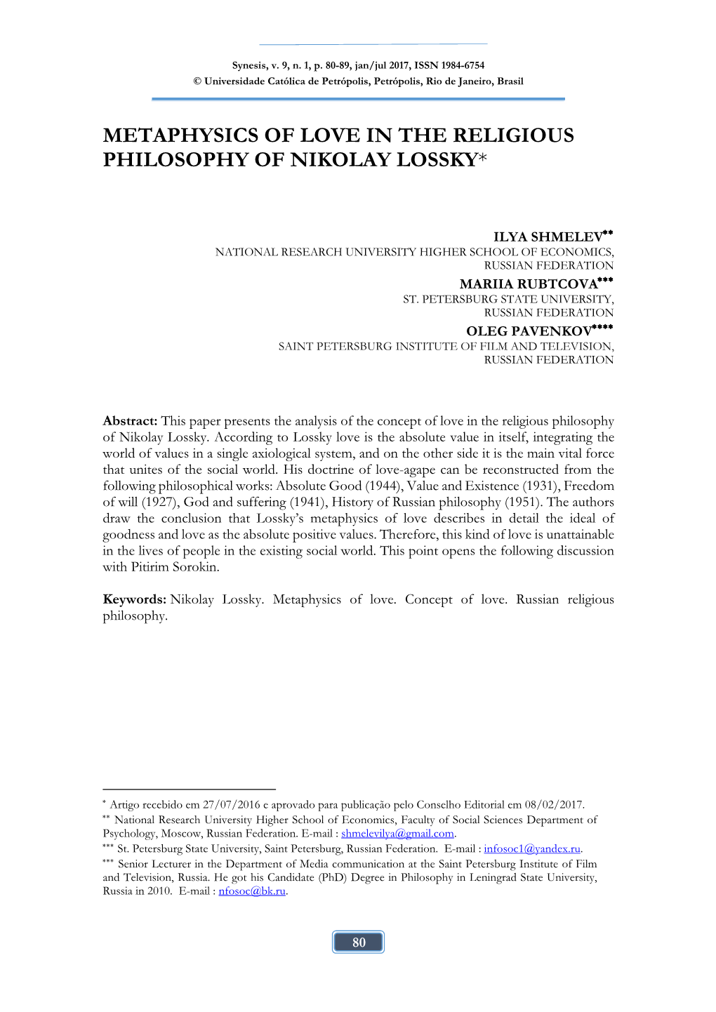 Metaphysics of Love in the Religious Philosophy of Nikolay Lossky*