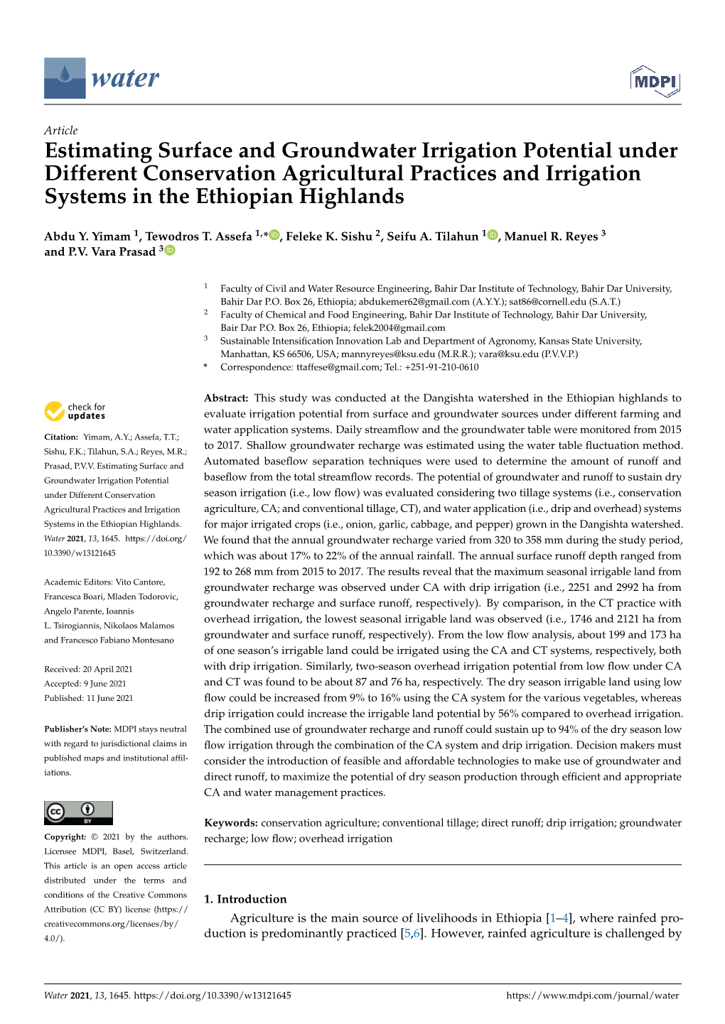 Estimating Surface and Groundwater Irrigation Potential Under Different Conservation Agricultural Practices and Irrigation Systems in the Ethiopian Highlands