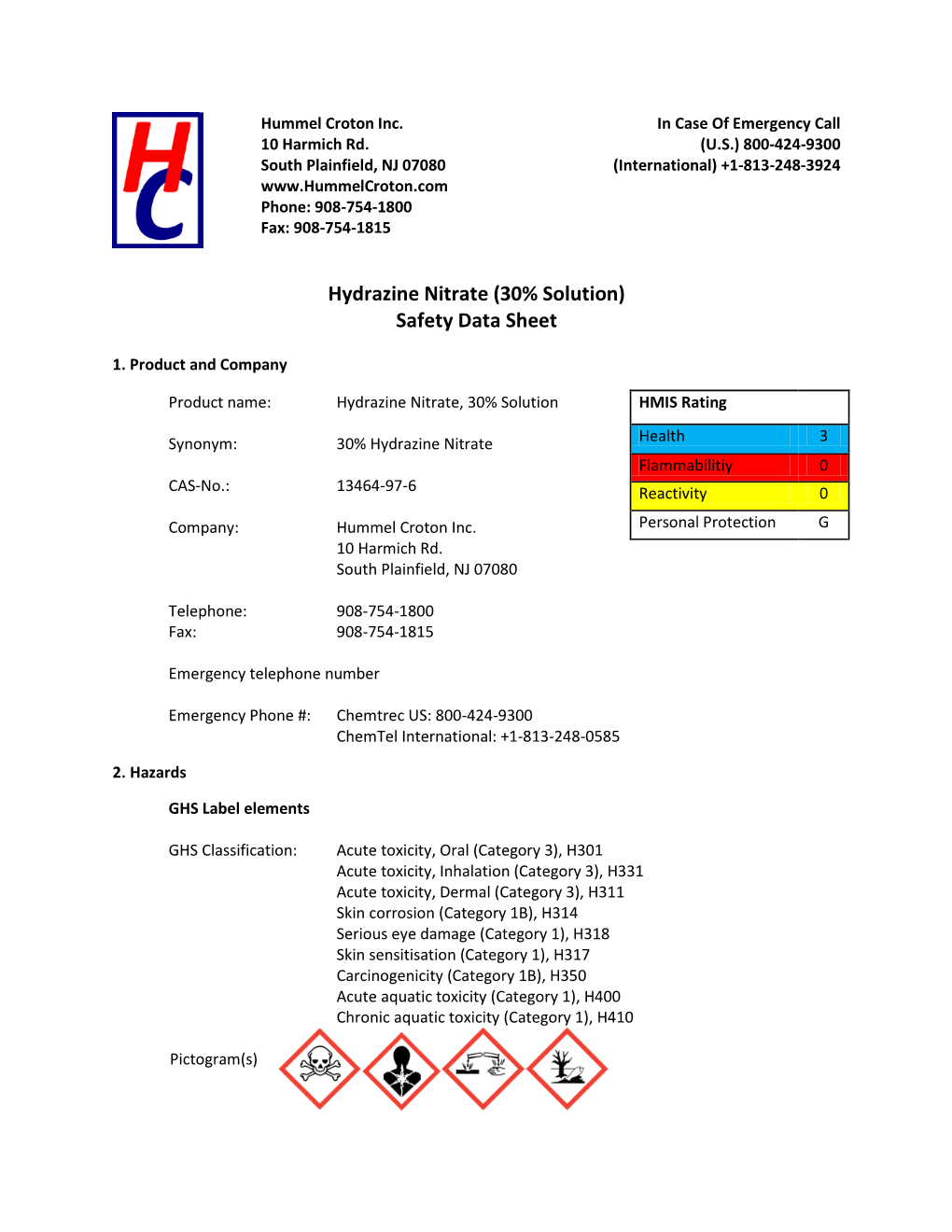 Hydrazine Nitrate (30% Solution) Safety Data Sheet