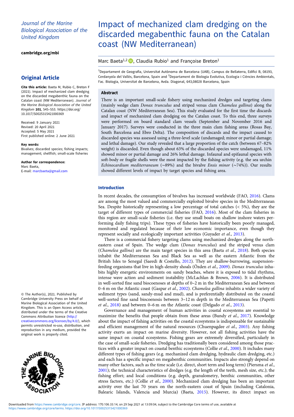 Impact of Mechanized Clam Dredging On