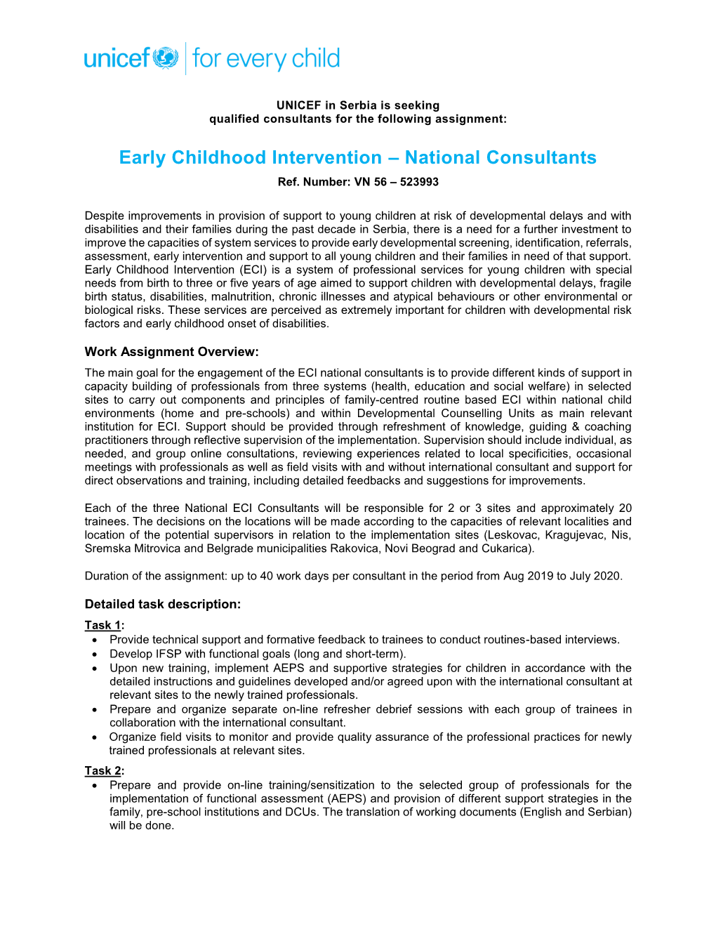 Early Childhood Intervention – National Consultants Ref