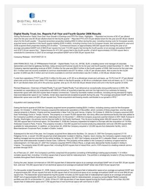 Digital Realty Trust, Inc. Reports Full Year and Fourth Quarter 2006 Results
