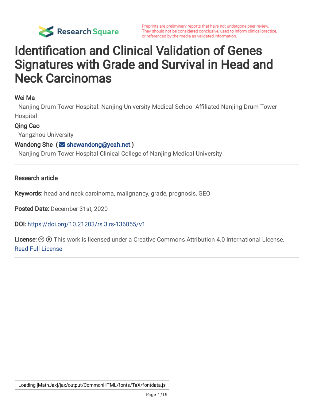 Identi Cation and Clinical Validation of Genes Signatures with Grade And