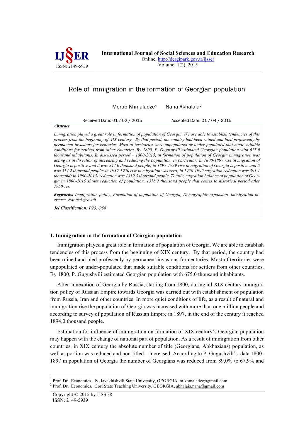 Role of Immigration in the Formation of Georgian Population